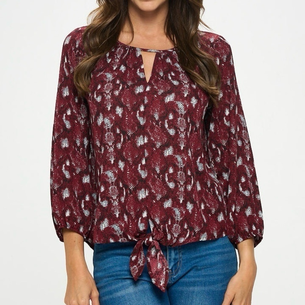 West Kei Snake Print Burgundy Tie Blouse NWOT XS